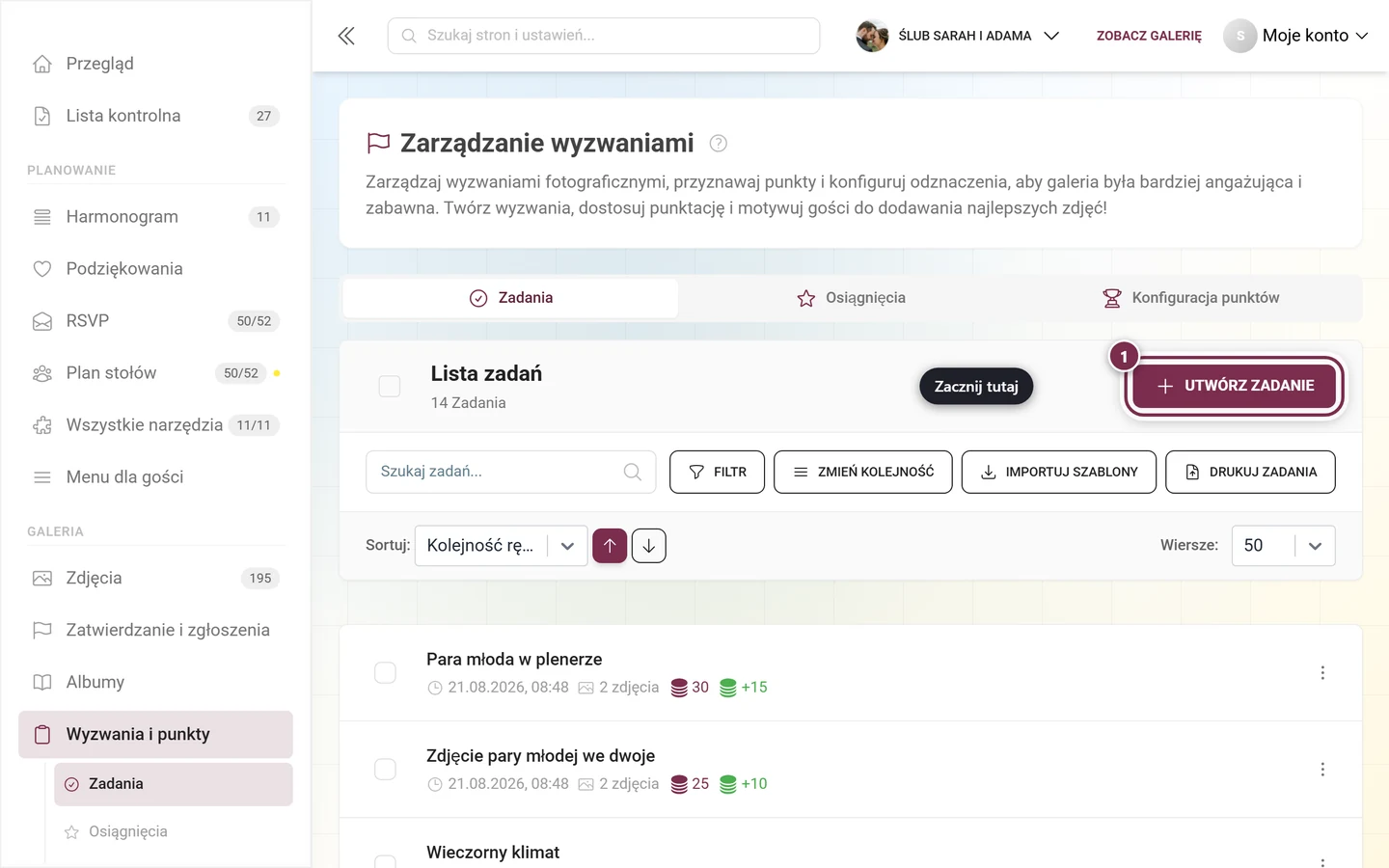 Zarządzanie wyzwaniami z zaznaczonym na czerwono przyciskiem Utwórz zadanie w prawym górnym rogu nad paskiem narzędzi