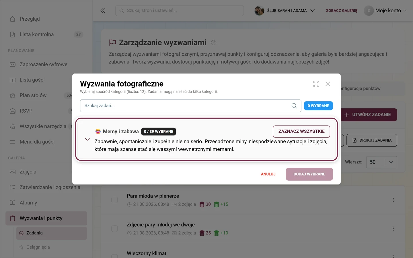 Okno Wyzwania fotograficzne z polem wyszukiwania i zaznaczonym na czerwono pierwszym wierszem kategorii