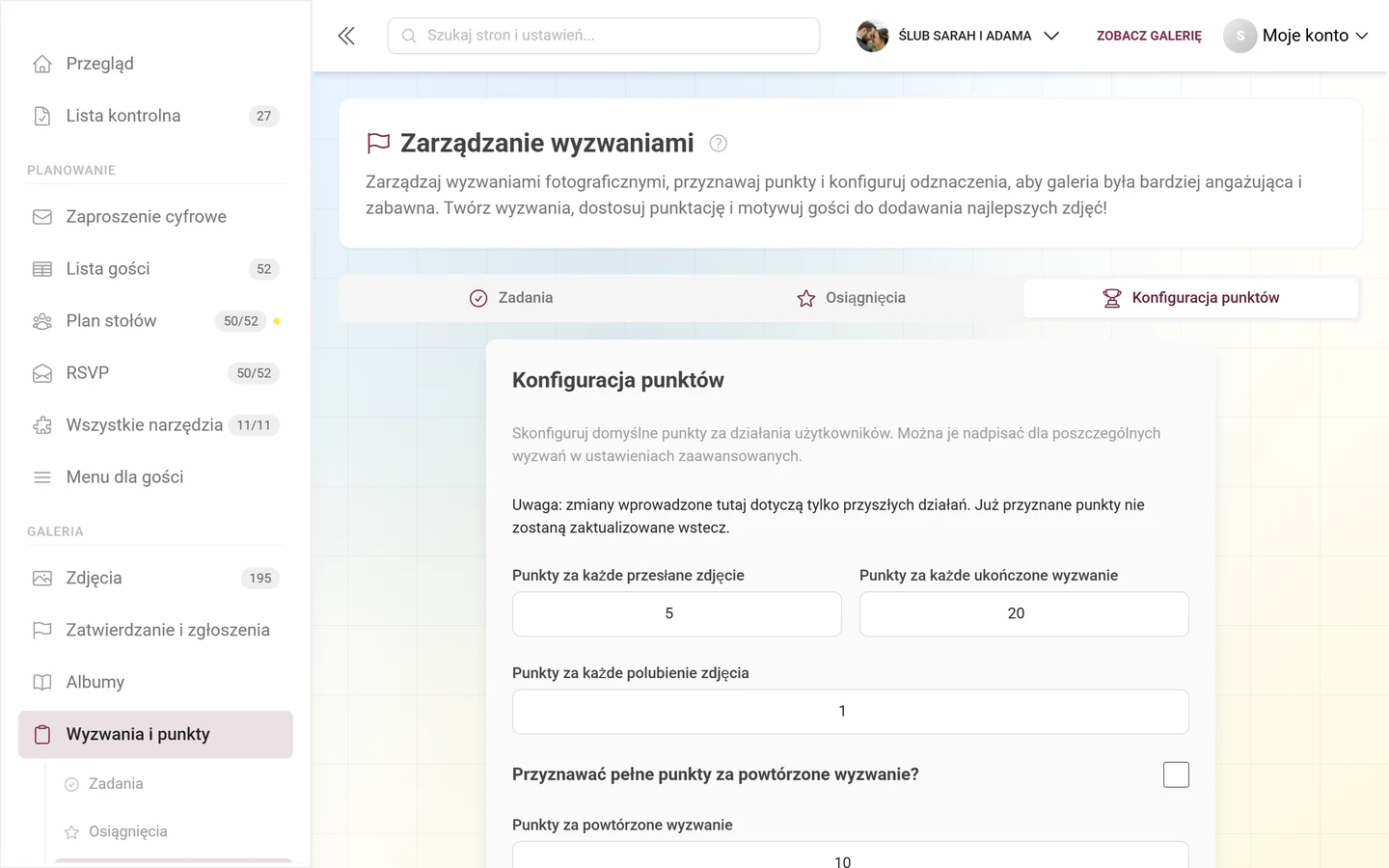Zakładka Konfiguracja punktów z wartościami punktowymi dla każdej akcji