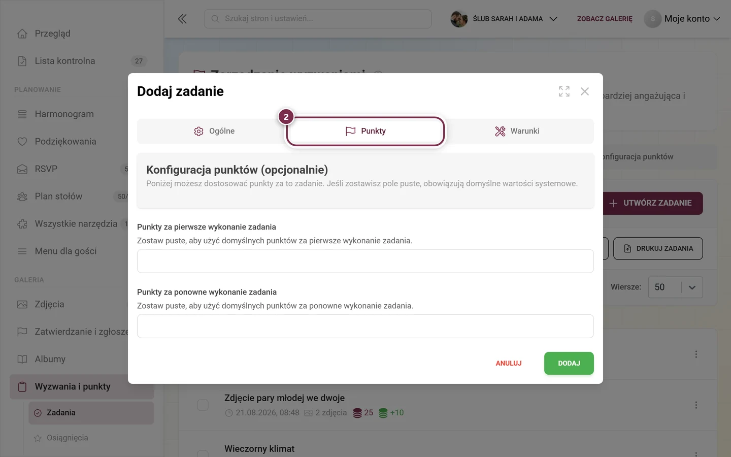 Edytor zadań z zaznaczoną na czerwono zakładką Punkty i dwoma polami punktów poniżej