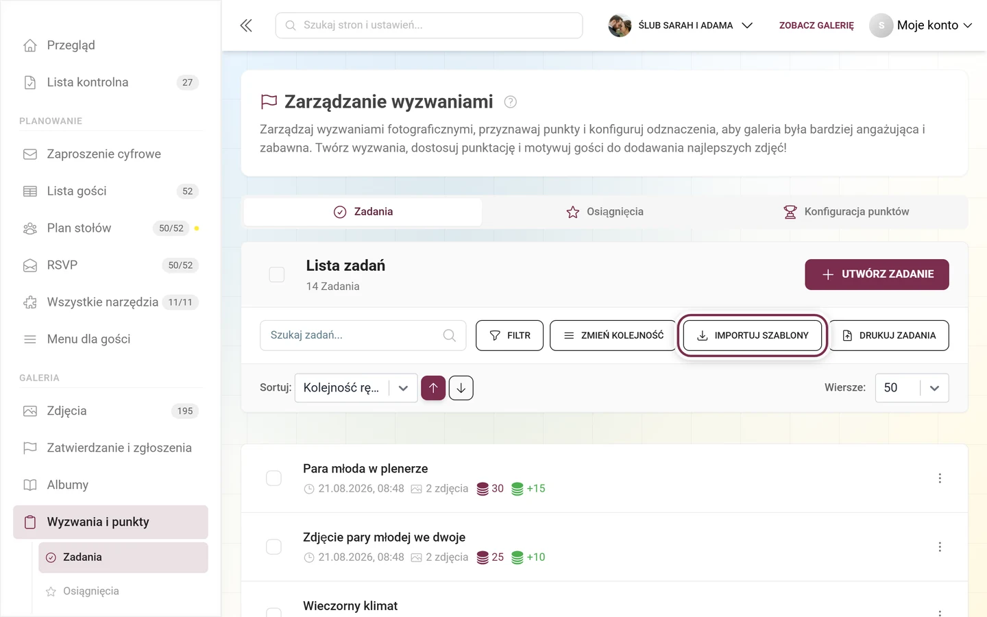 Pasek narzędzi zarządzania wyzwaniami z zaznaczonym na czerwono przyciskiem Importuj szablony