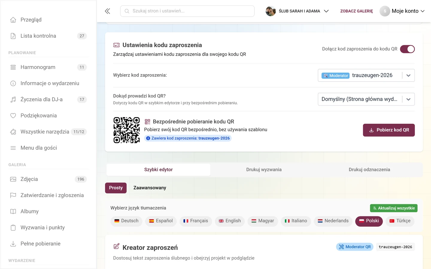 Karta Ustawienia kodu zaproszenia z przełącznikiem, celem kodu QR i bezpośrednim pobieraniem