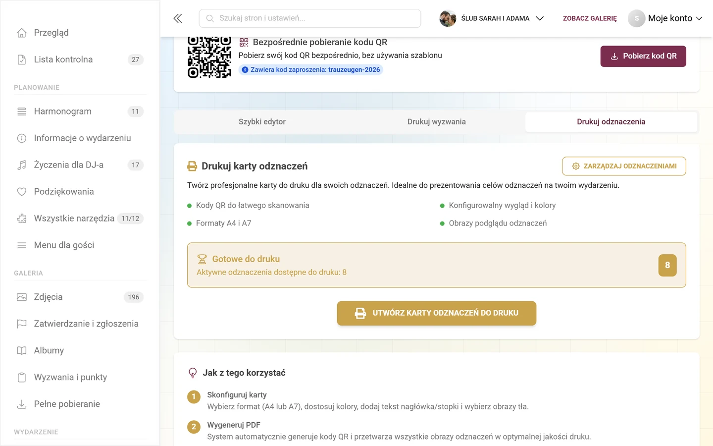 Karta Drukuj odznaczenia z panelem kart odznaczeń do druku