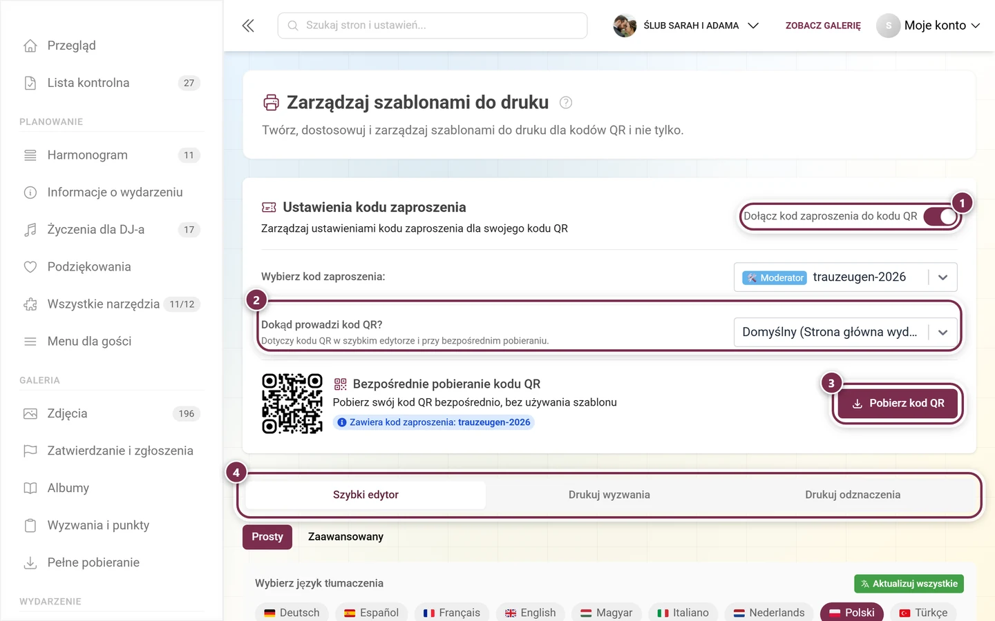 Strona Szablony do druku z wyróżnionym przełącznikiem kodu zaproszenia, celem QR, przyciskiem pobierania i zakładkami