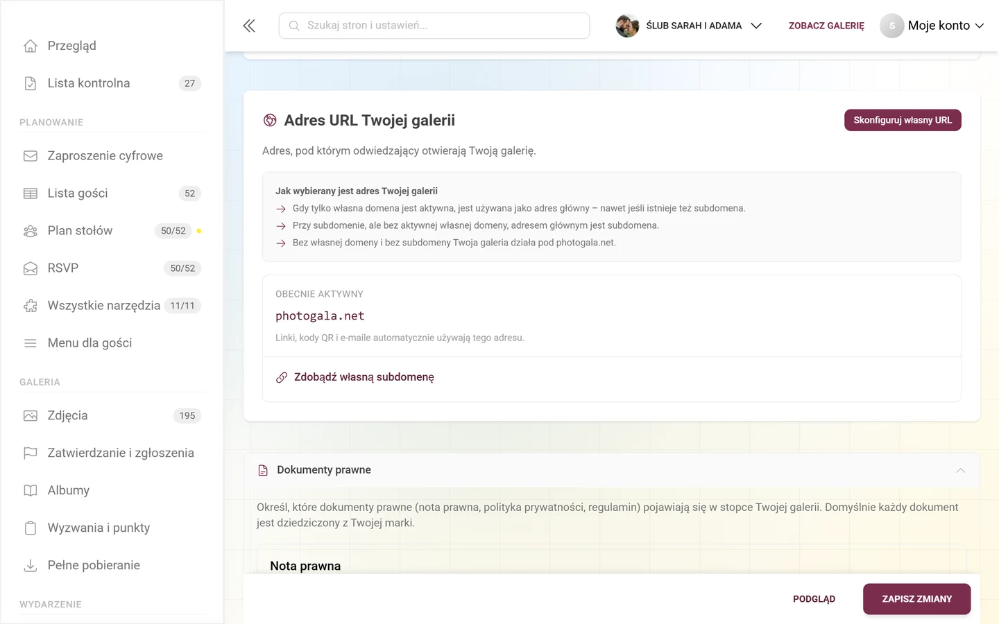 Sekcja Adres URL Twojej galerii z aktualnym adresem