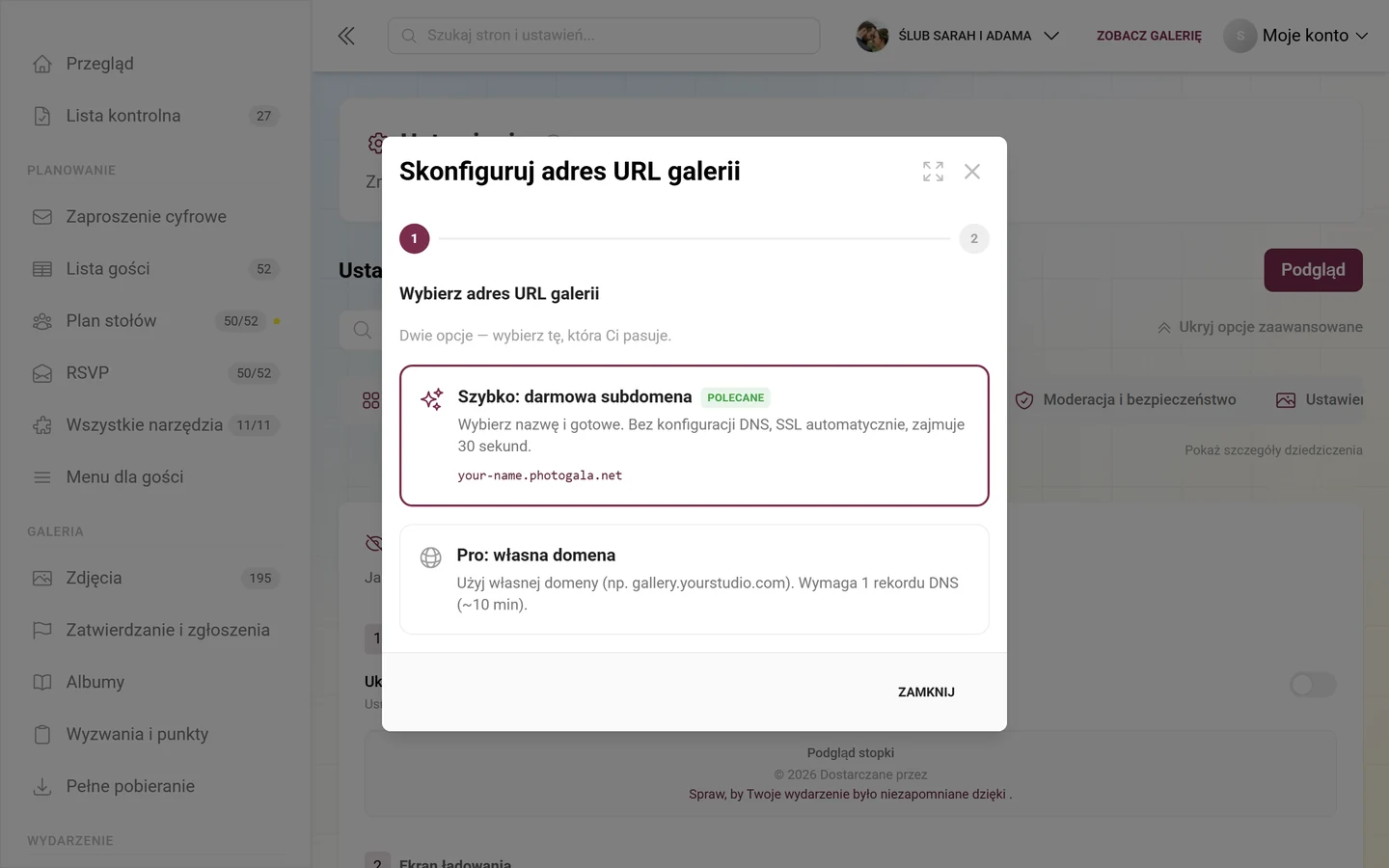 Kreator konfiguracji własnego adresu URL galerii