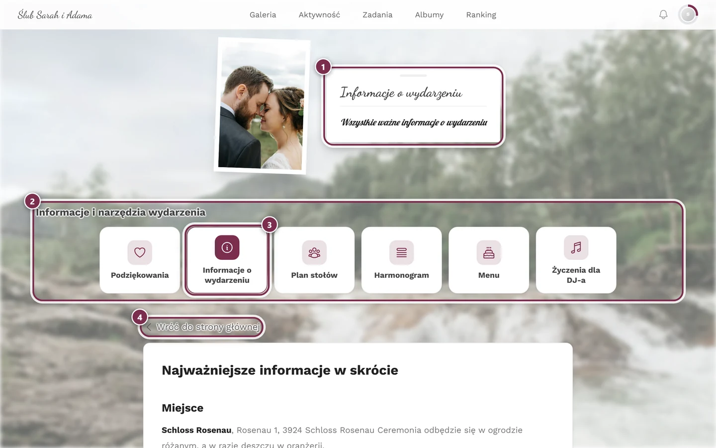 Strona narzędzia z perspektywy gościa z ponumerowanymi kółkami wokół karty nagłówka, rzędu kafelków, aktywnego kafelka i linku powrotu