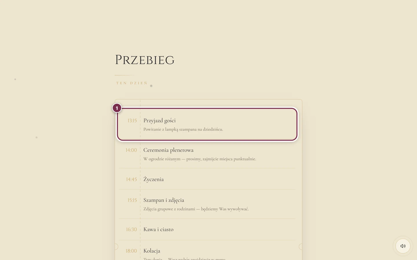 Sekcja Przebieg z osią czasu i pierścieniem wokół pierwszego punktu programu