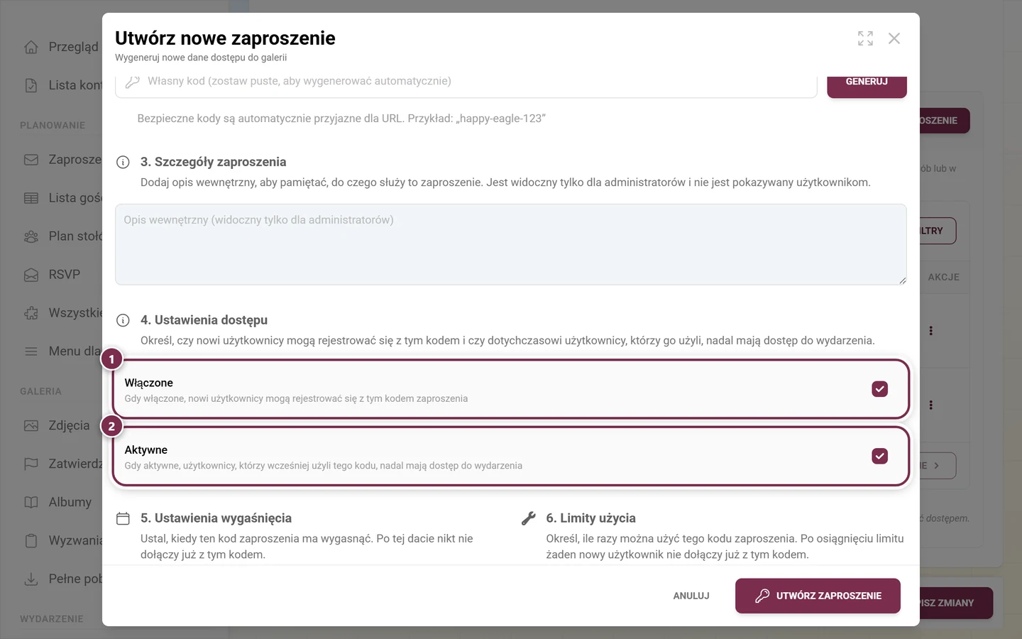 Sekcja 4 okna z polami wyboru Włączone i Aktywne