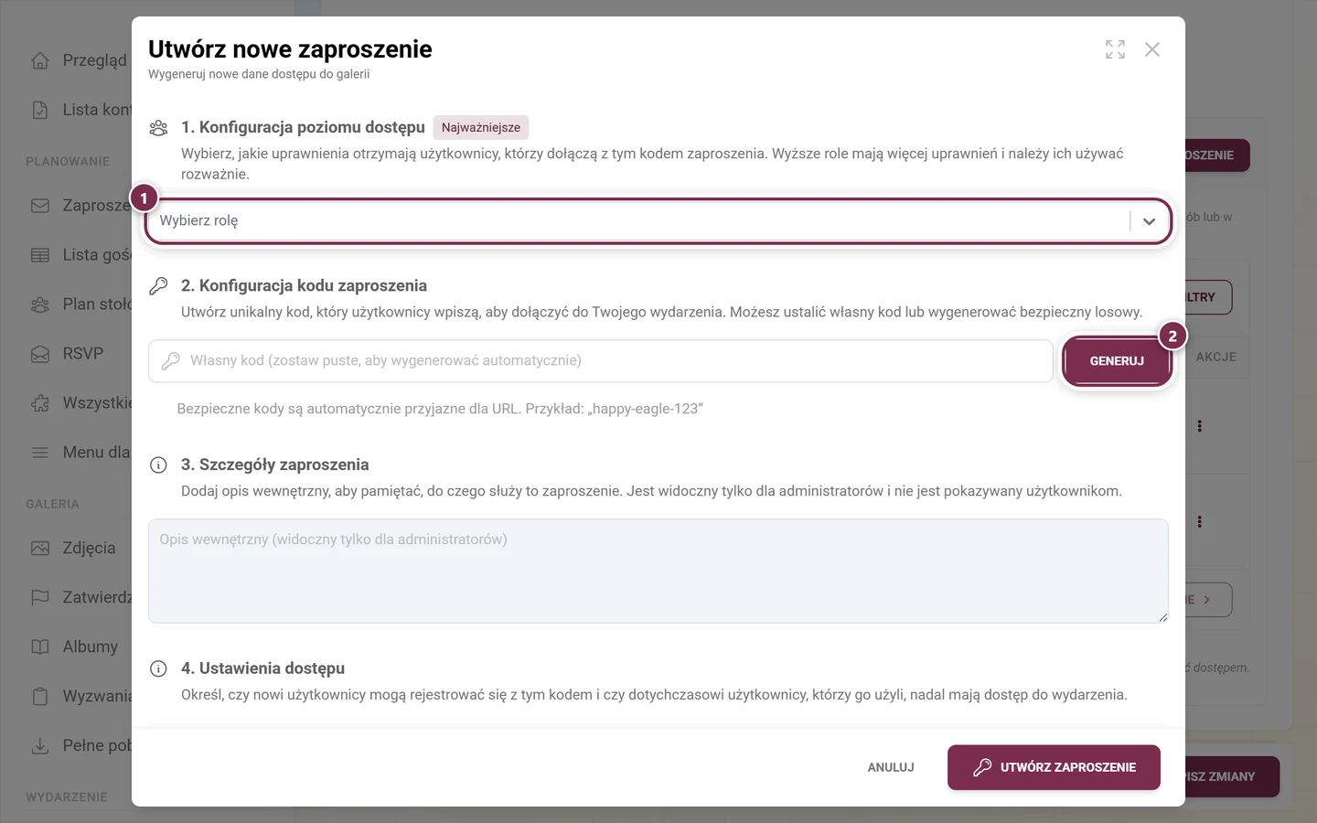 Okno tworzenia z listą wyboru roli i przyciskiem Generuj