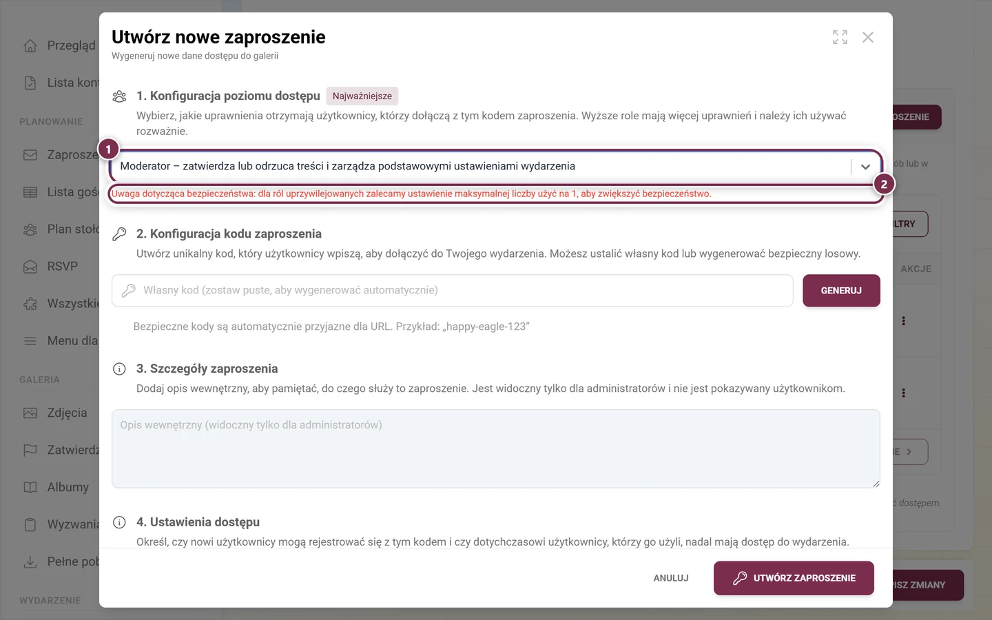 Okno tworzenia z wybraną rolą Moderator i czerwoną uwagą dotyczącą bezpieczeństwa pod spodem