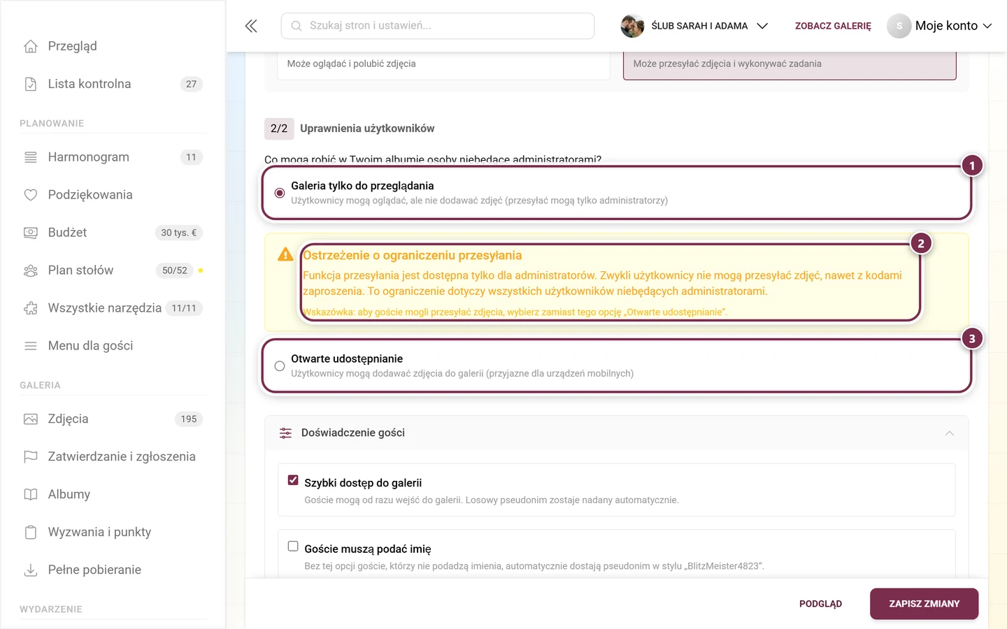 Sekcja Uprawnienia użytkowników z wybraną opcją Galeria tylko do przeglądania i żółtym ostrzeżeniem o ograniczeniu przesyłania