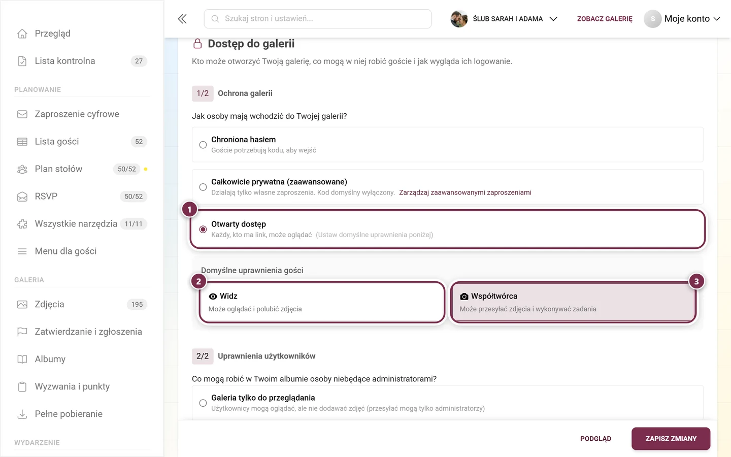 Ochrona galerii z wybraną opcją Otwarty dostęp i kafelkami Oglądający i Współtwórca