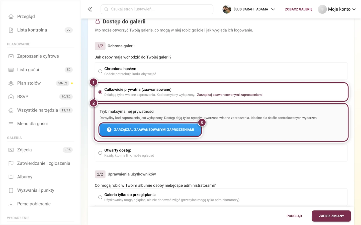Ochrona galerii z wybraną opcją Całkowicie prywatna i ramką informacyjną Tryb maksymalnej prywatności