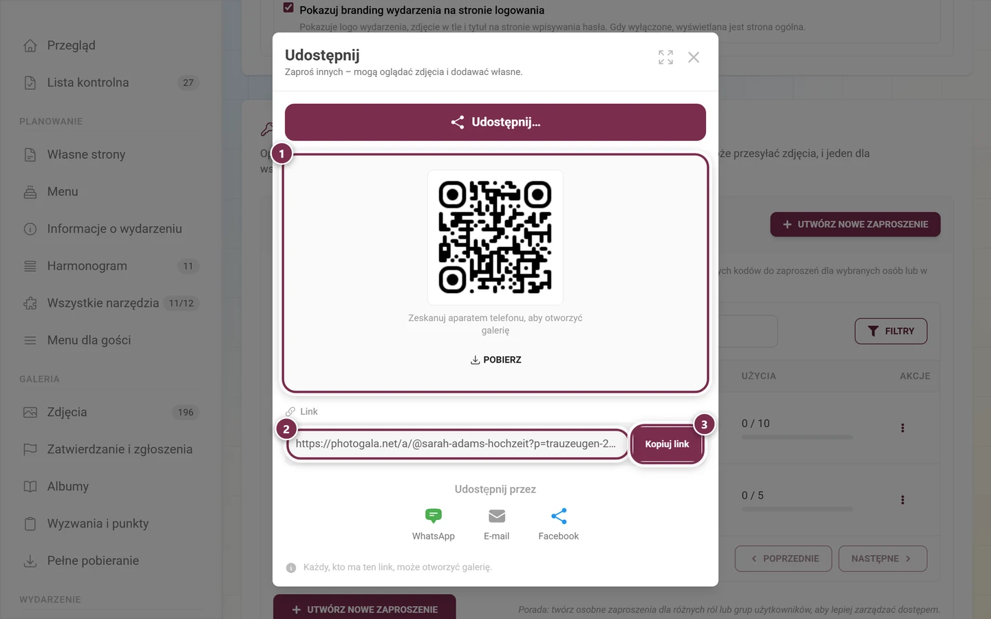 Okno Udostępnij z kodem QR, przyciskiem Pobierz, polem Link i przyciskiem Kopiuj link