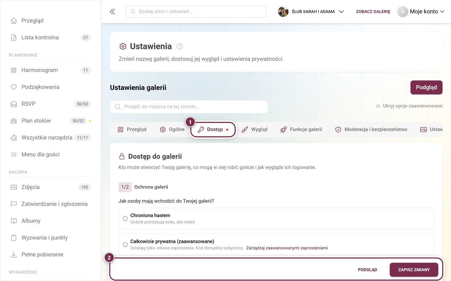 Wiersz zakładek ustawień z czerwoną kropką przy zakładce Dostęp i paskiem zapisu na dole