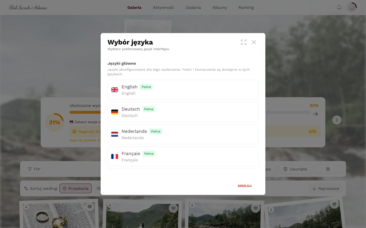Okno Wybór języka z językami głównymi, odznaką Pełne i ptaszkiem przy aktywnym języku