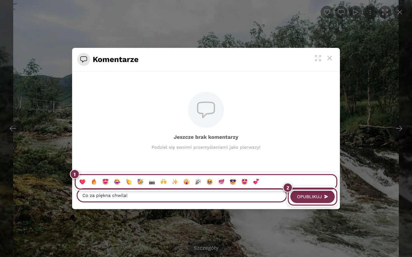 Obszar komentarzy zdjęcia z wpisanym tekstem, paskiem emoji i zaznaczonym przyciskiem Opublikuj
