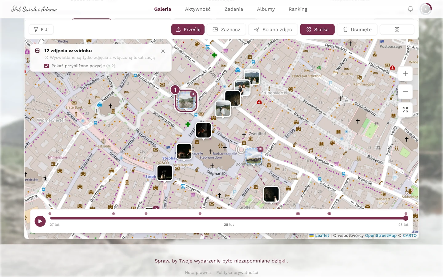 Powiększona mapa z zaznaczonym znacznikiem zdjęcia z przerywaną ramką i plakietką ≈