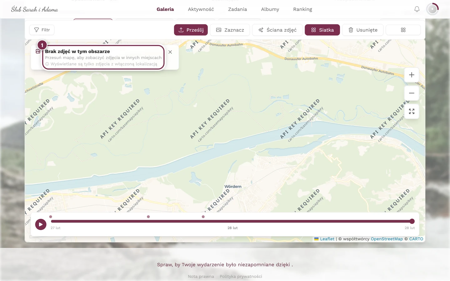 Mapa w obszarze bez zdjęć z komunikatem Brak zdjęć w tym obszarze