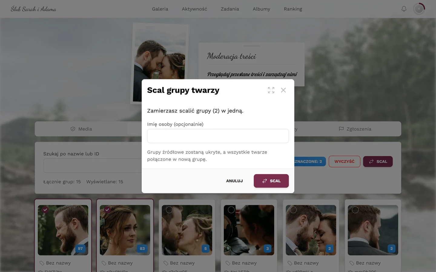 Okno Scal grupy twarzy z liczbą grup, polem Imię osoby (opcjonalnie) oraz przyciskami Anuluj i Scal