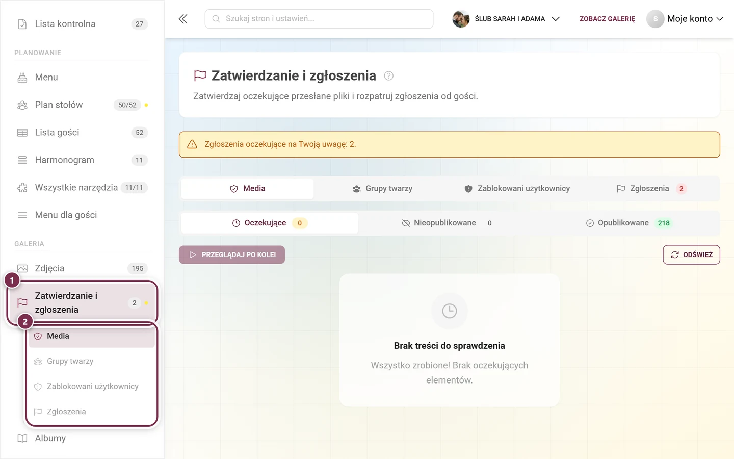 Pasek boczny panelu administratora z zaznaczoną pozycją Zatwierdzanie i zgłoszenia oraz jej podpozycjami