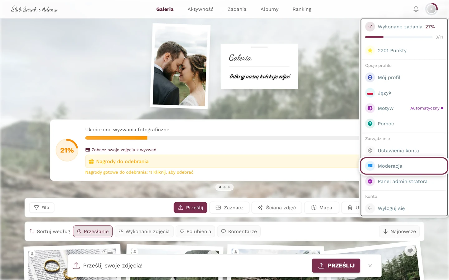 Otwarte menu profilu w prawym górnym rogu, zaznaczona pozycja Moderacja