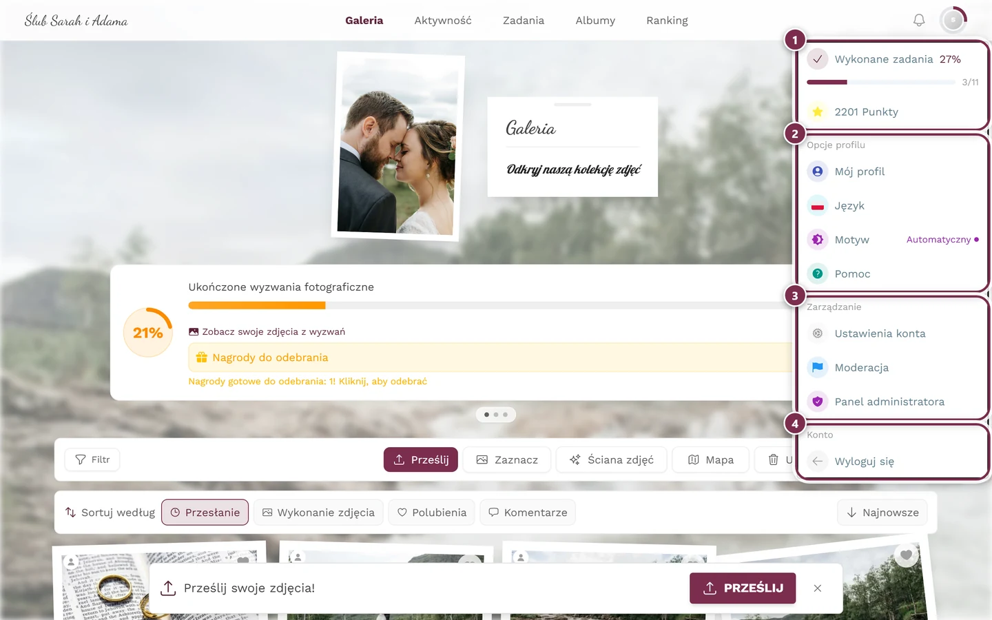 Otwarte menu profilu w prawym górnym rogu z sekcjami Opcje profilu i Zarządzanie