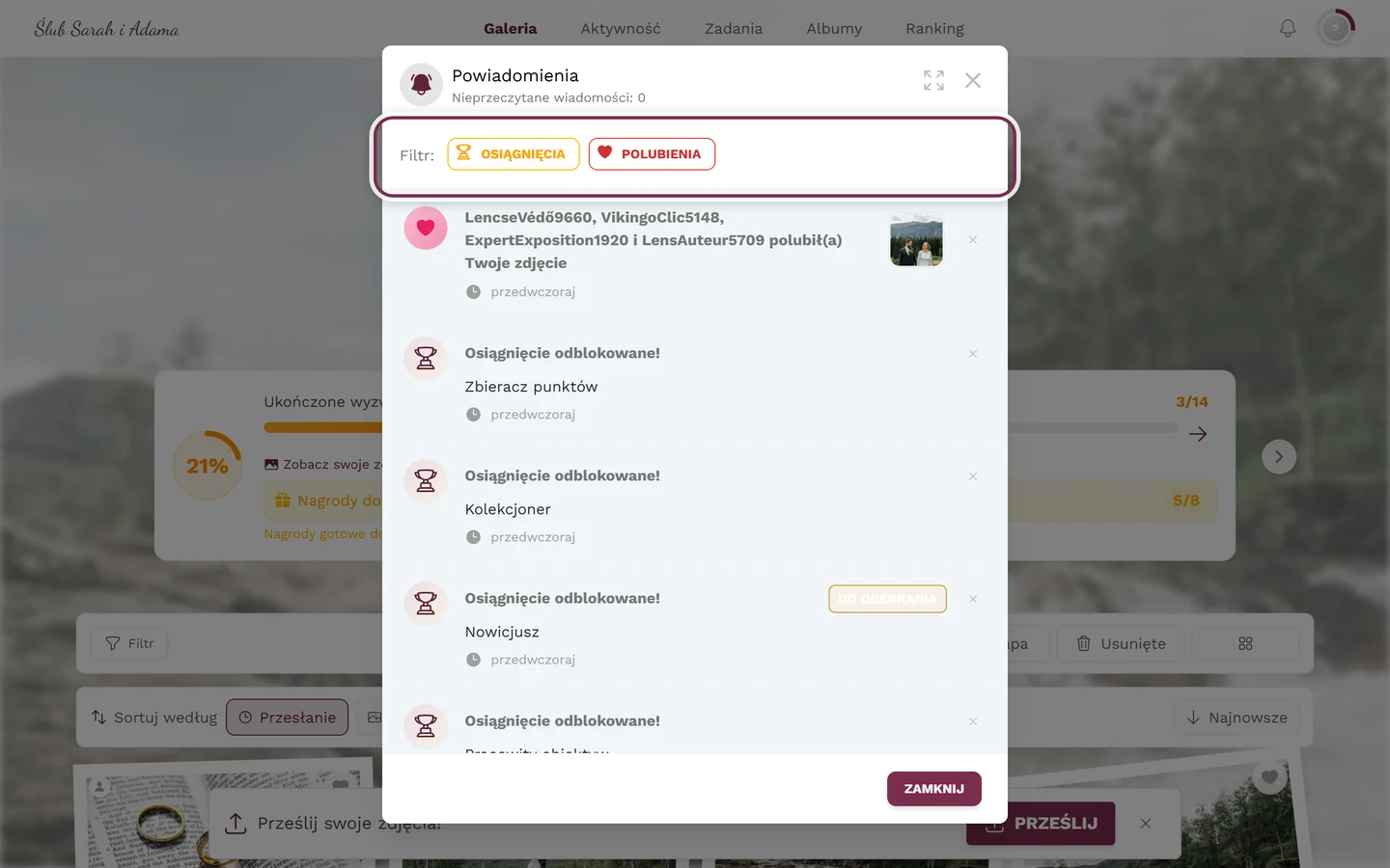 Otwarte menu powiadomień z zaznaczonym paskiem filtrów według typu