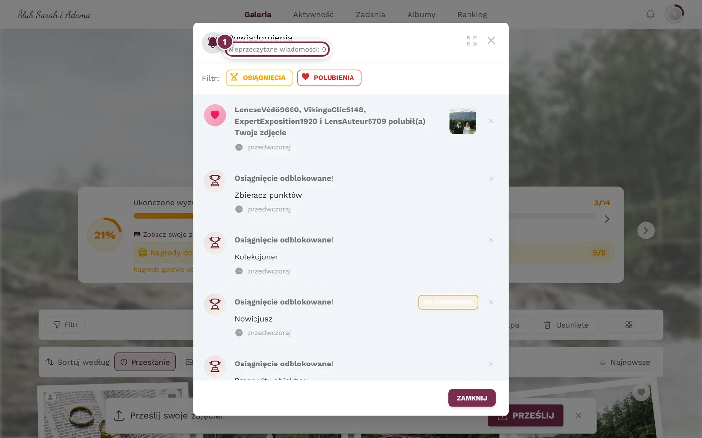 Otwarte okno powiadomień z zaznaczonym wierszem nieprzeczytanych wiadomości