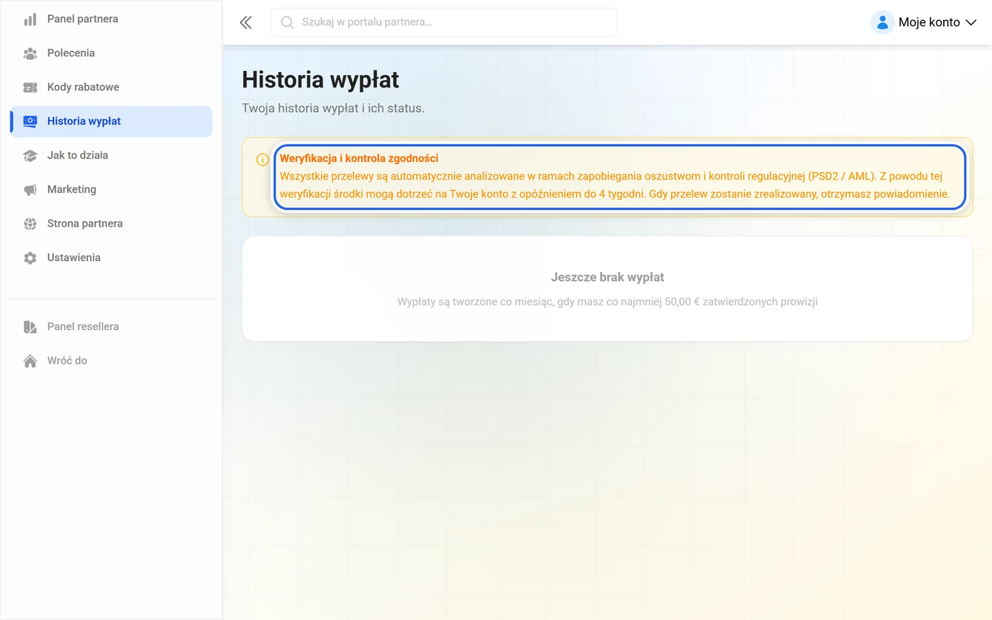 Strona wypłat z oznaczoną informacją Weryfikacja i kontrola zgodności nad historią
