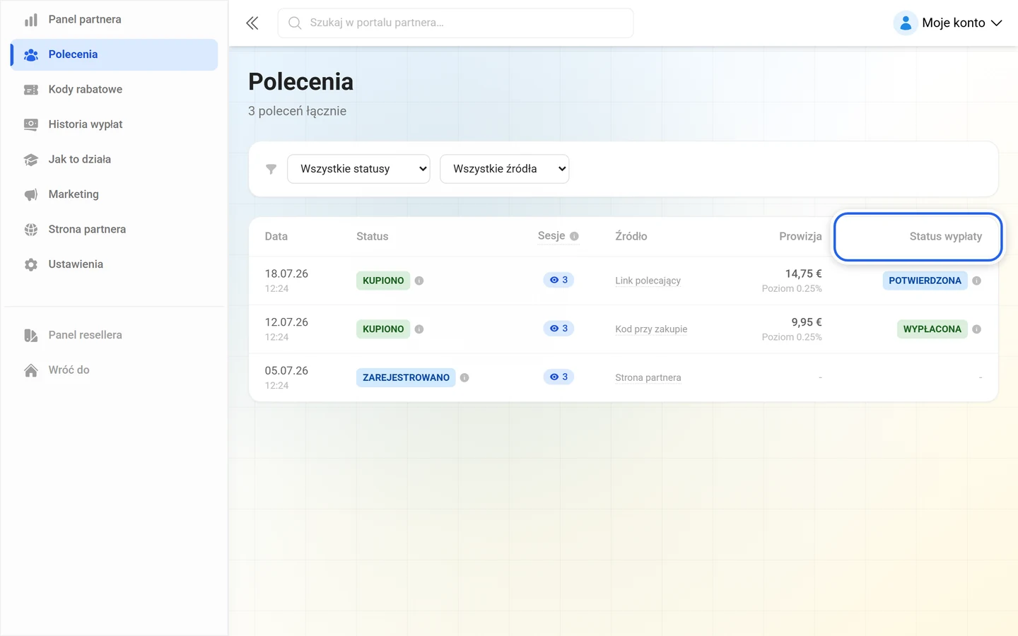 Tabela poleceń z oznaczoną kolumną Status wypłaty