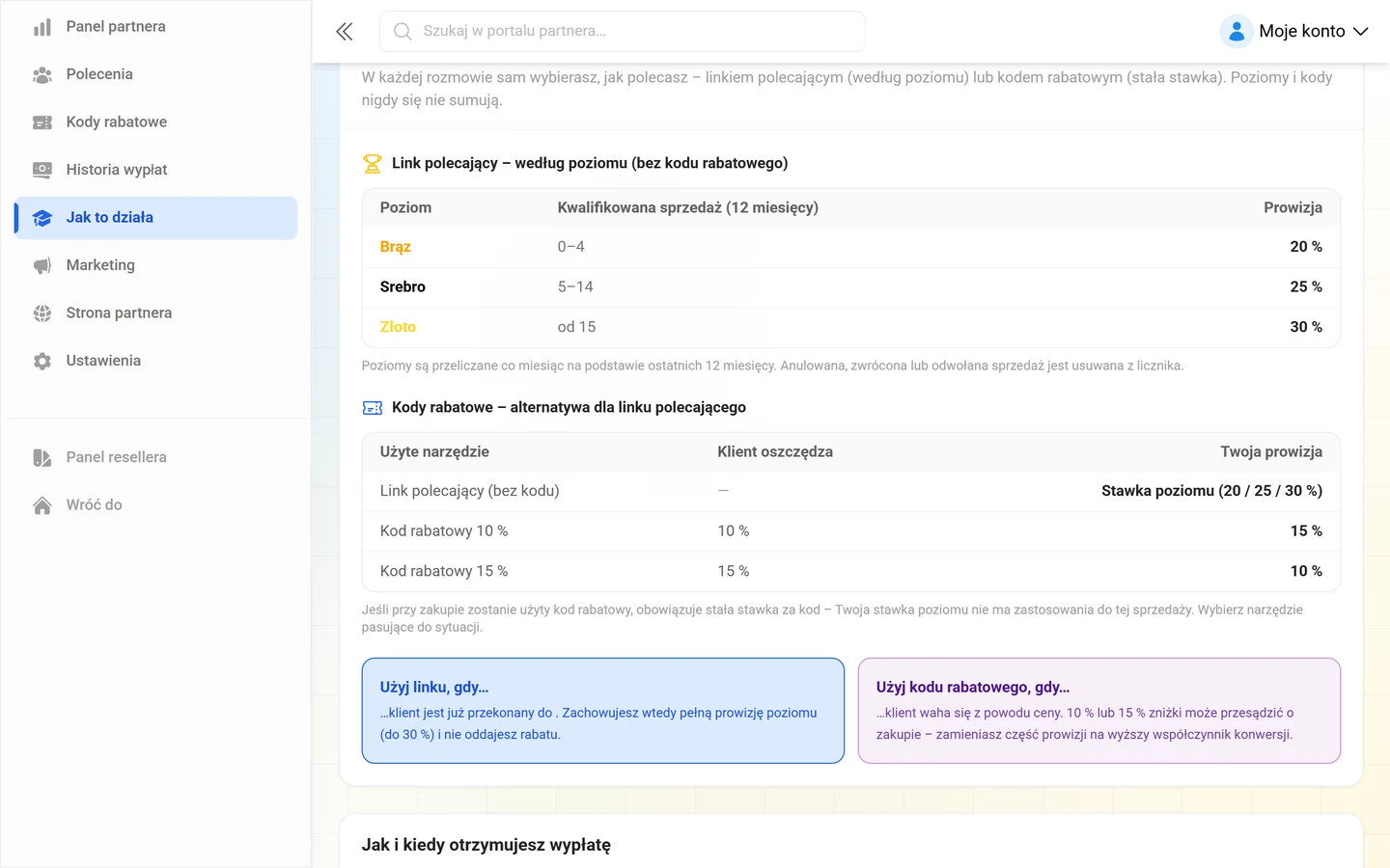 Tabela poziomów z Brązem, Srebrem i Złotem, a pod nią tabela stawek za kody rabatowe