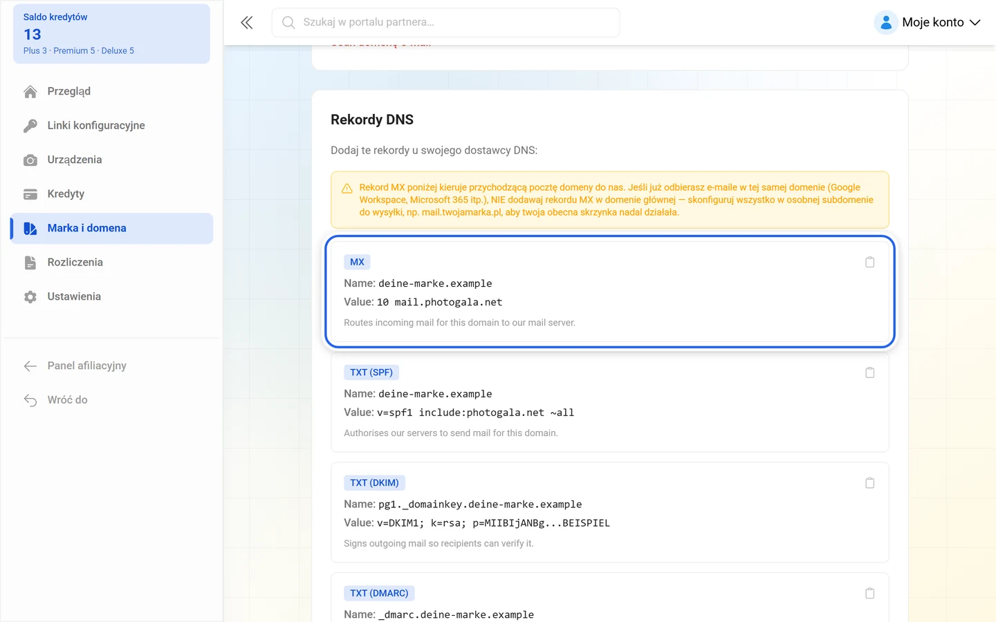 Rekordy DNS dla wysyłki e-maili z zaznaczonym rekordem MX