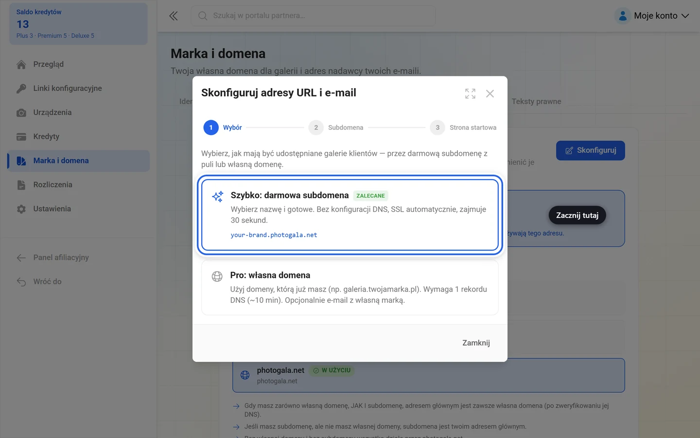 Pierwszy krok kreatora adresów URL z zaznaczonym kafelkiem Szybko darmowa subdomena