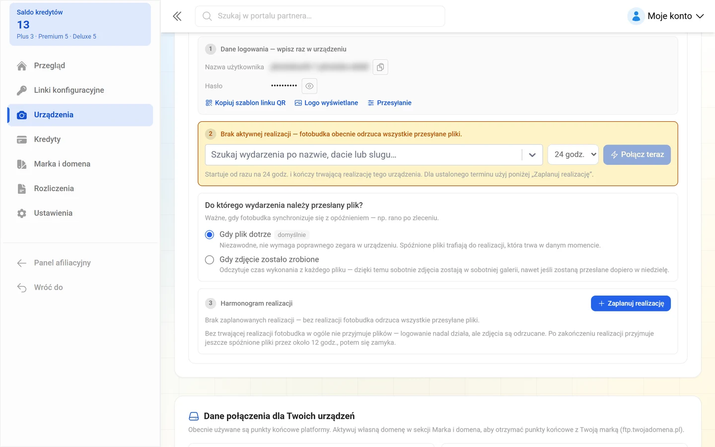 Wybór między „Gdy plik dotrze” a „Gdy zdjęcie zostało zrobione”, pod spodem sekcja Harmonogram realizacji