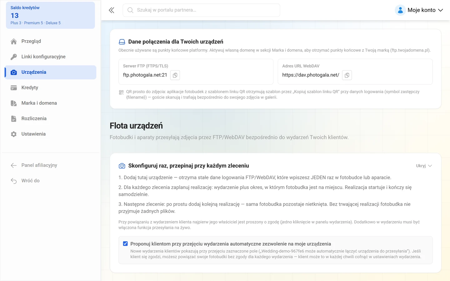 Karta z serwerem FTP i adresem URL WebDAV własnej marki