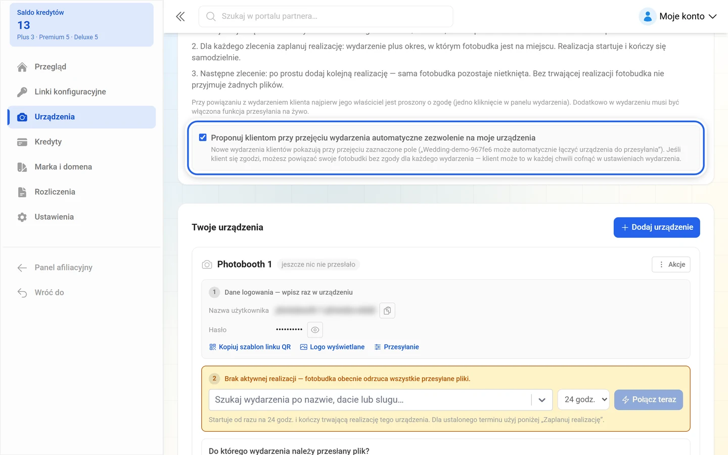Zaznaczone pole Proponuj klientom przy przejęciu wydarzenia automatyczne zezwolenie na moje urządzenia