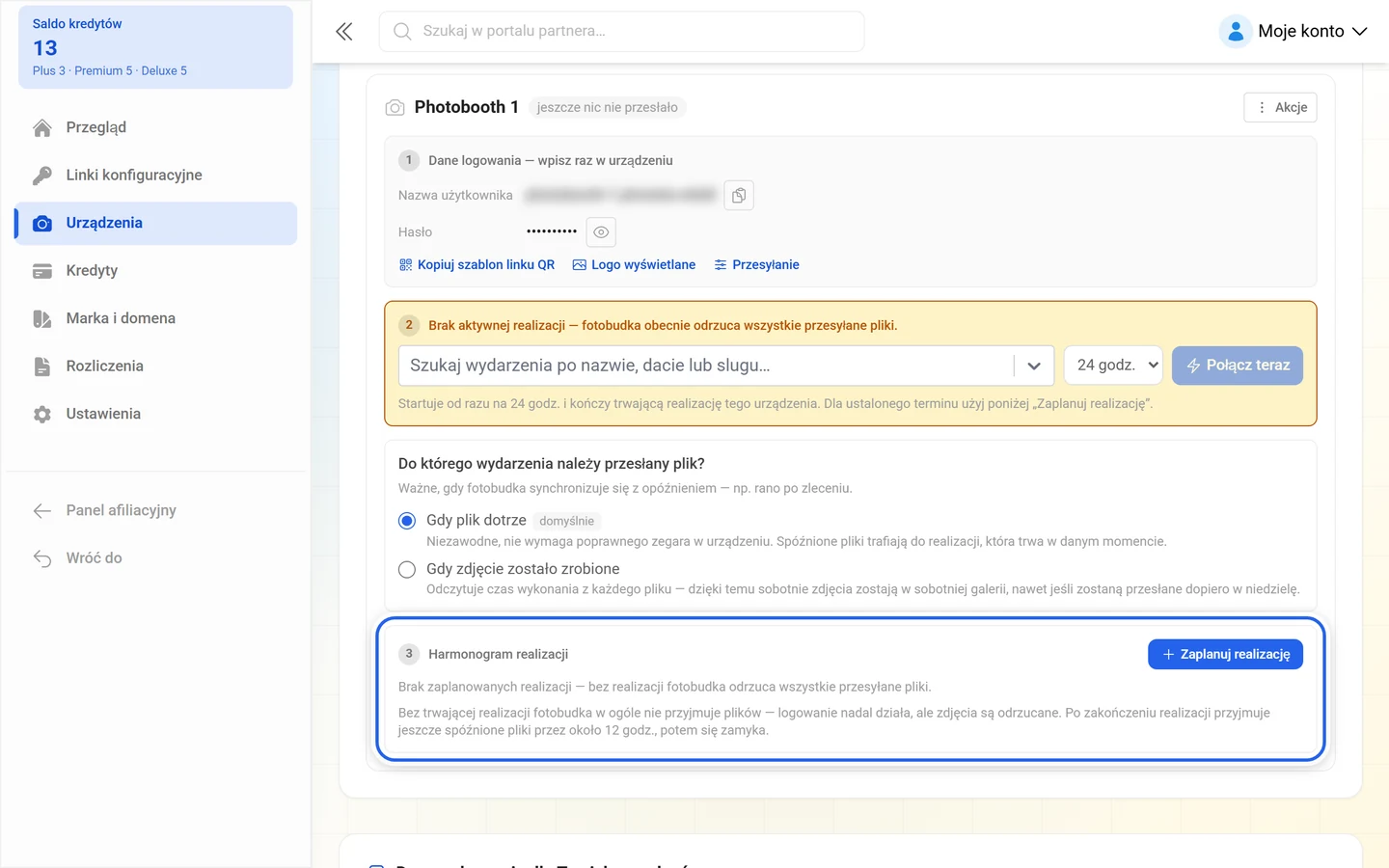 Sekcja 3 karty urządzenia z harmonogramem realizacji i przyciskiem Zaplanuj realizację