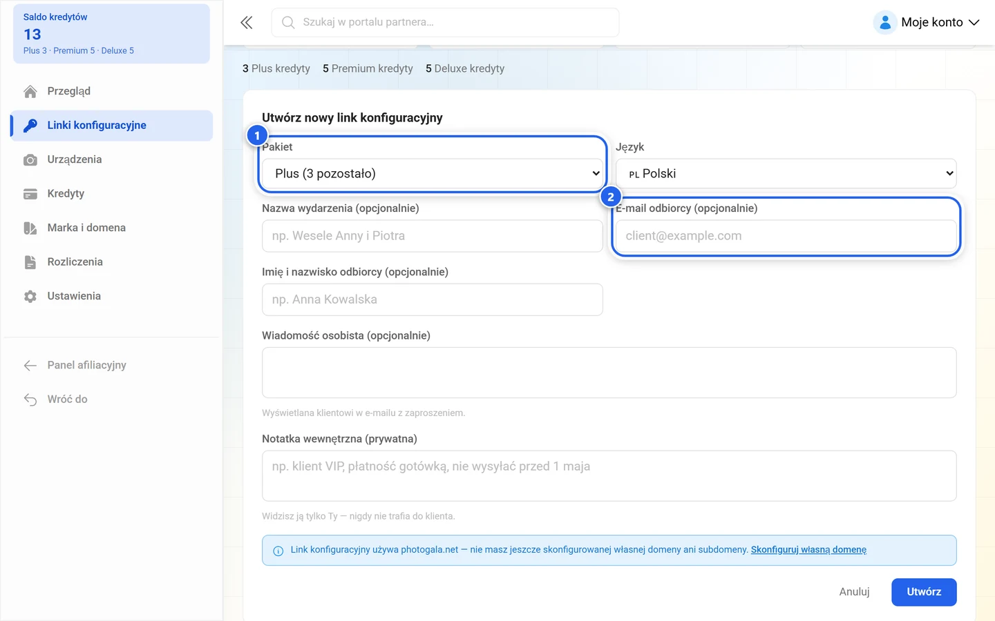 Formularz tworzenia nowego linku konfiguracyjnego z oznaczonym polem pakietu i oznaczonym polem E-mail odbiorcy