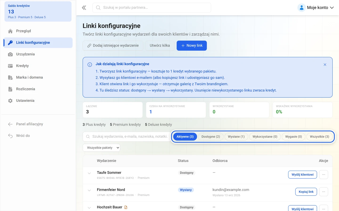 Oznaczone przyciski filtrów listy linków konfiguracyjnych z licznikami