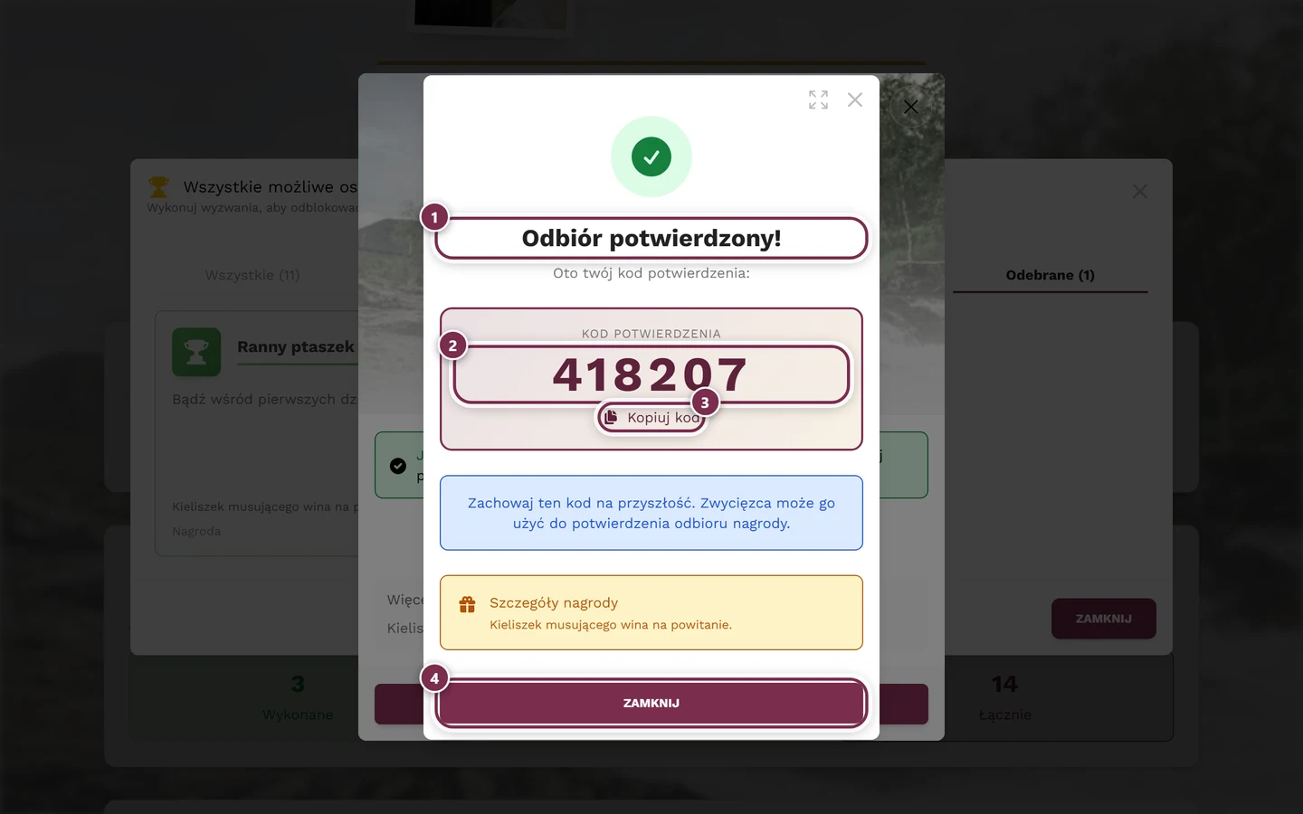 Okno sukcesu z sześciocyfrowym kodem potwierdzającym i czterema oznaczeniami