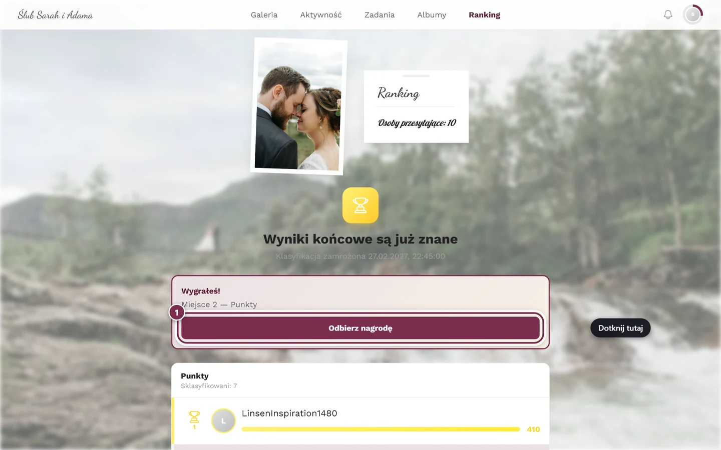 Karta Wygrałeś! z miejscem i przyciskiem Odbierz nagrodę
