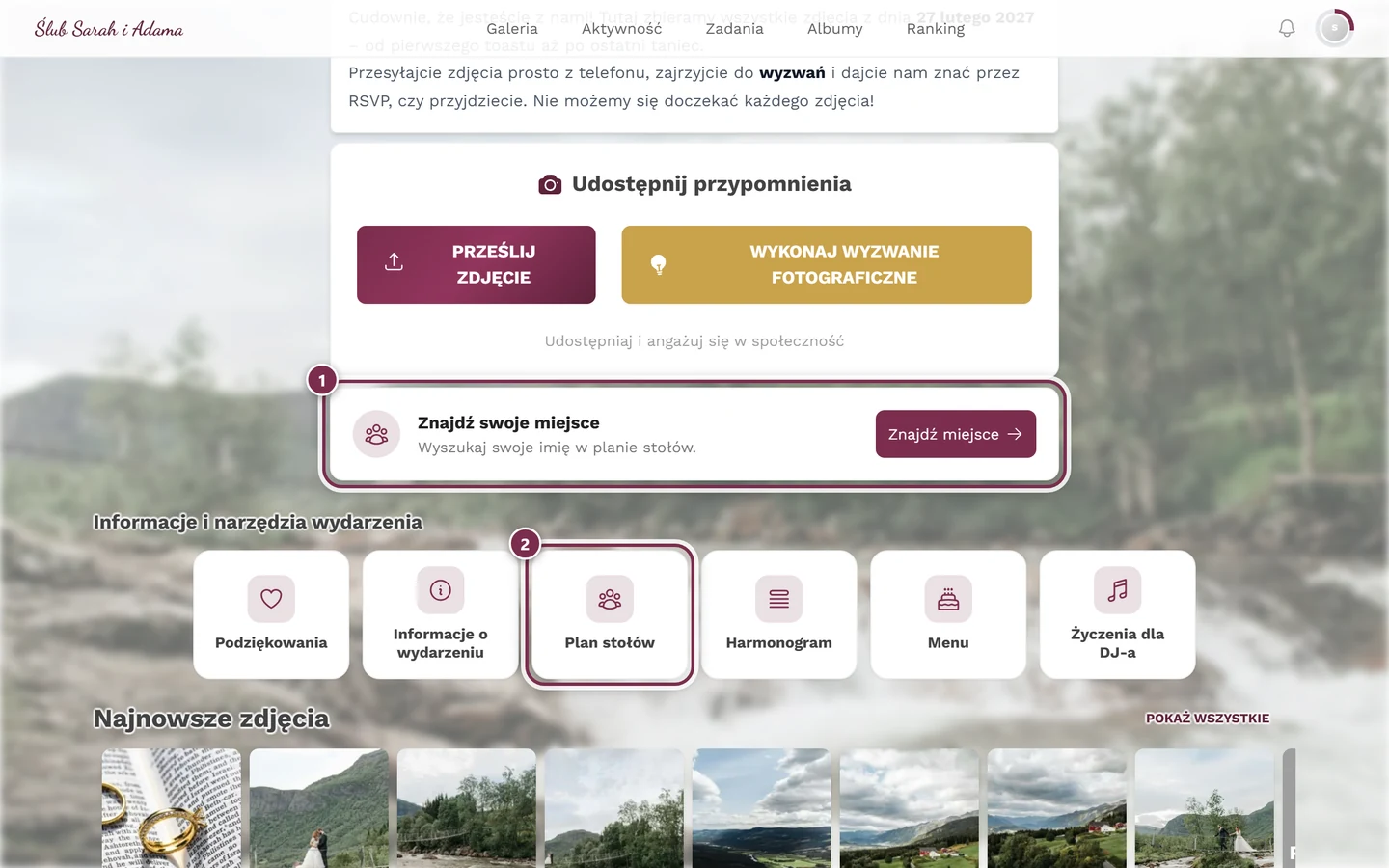 Strona główna wydarzenia z kartą Znajdź swoje miejsce i kafelkiem Plan stołów