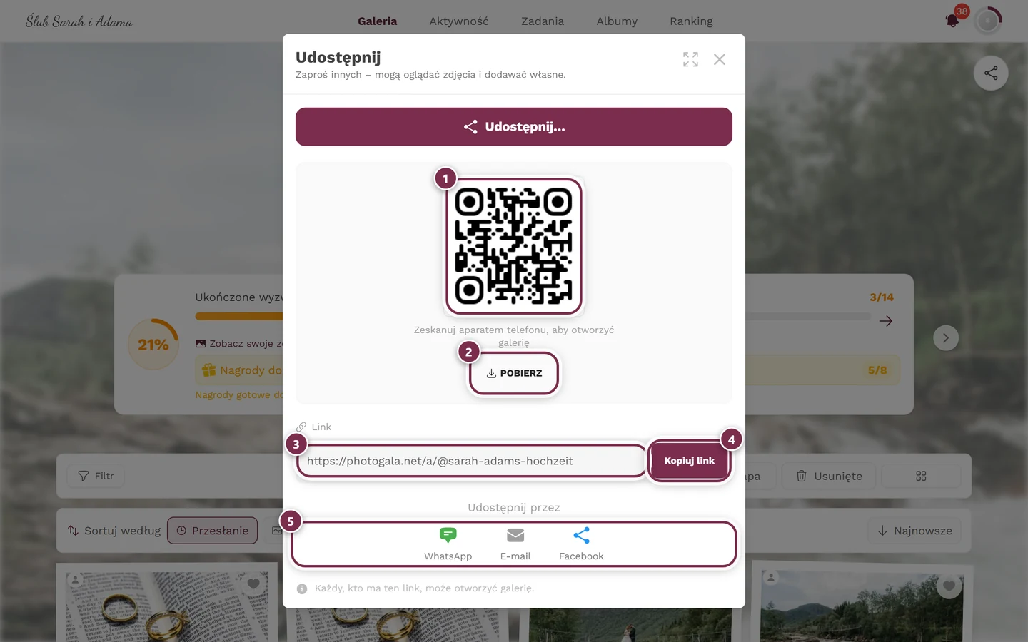 Okno udostępniania z kodem QR, przyciskiem Pobierz, polem linku, przyciskiem Kopiuj link i przyciskami bezpośrednimi