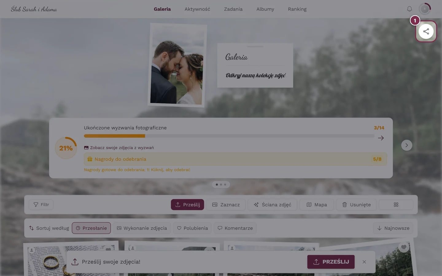 Galeria z wyróżnioną okrągłą ikoną udostępniania w prawym górnym rogu