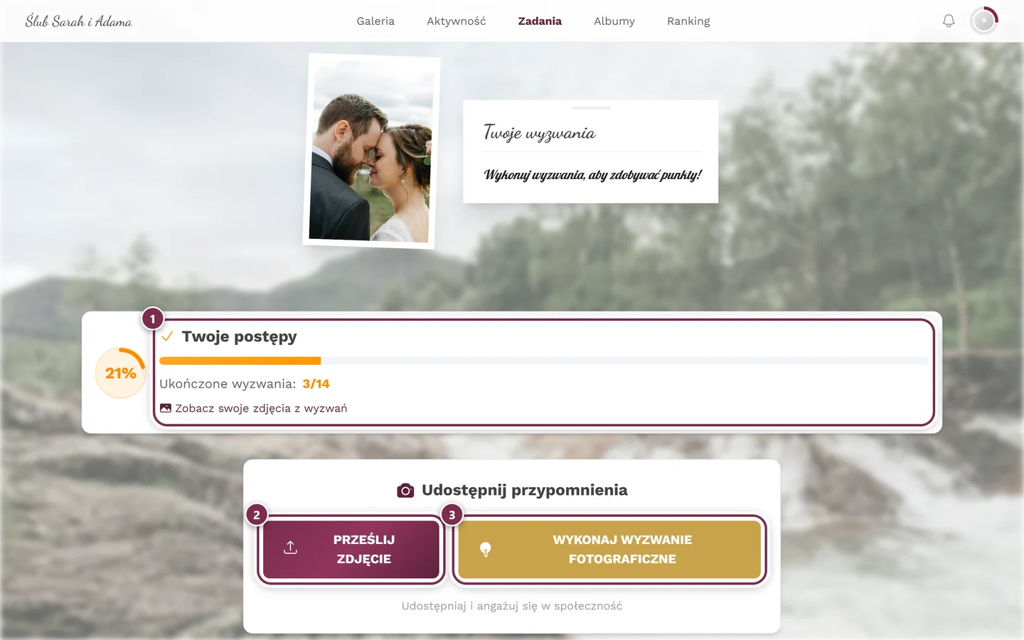 Strona zadań z trzema oznaczeniami: postęp, Prześlij zdjęcie, Wykonaj wyzwanie fotograficzne