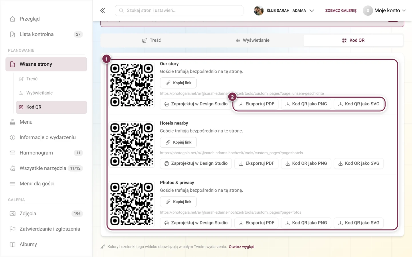 Zakładka Kod QR z osobnym blokiem dla każdej opublikowanej strony, zaznaczone są karta i przyciski wyjściowe