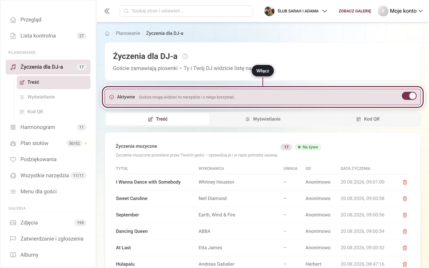 Edytor Życzeń dla DJ-a z wyróżnionym głównym przełącznikiem