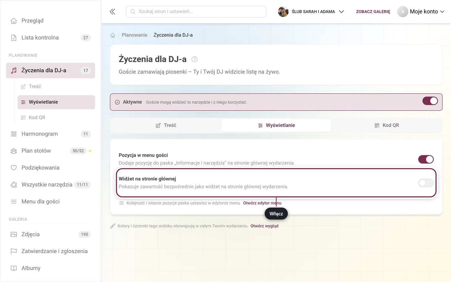 Zakładka Wyświetlanie Życzeń dla DJ-a z wyróżnionym przełącznikiem widżetu